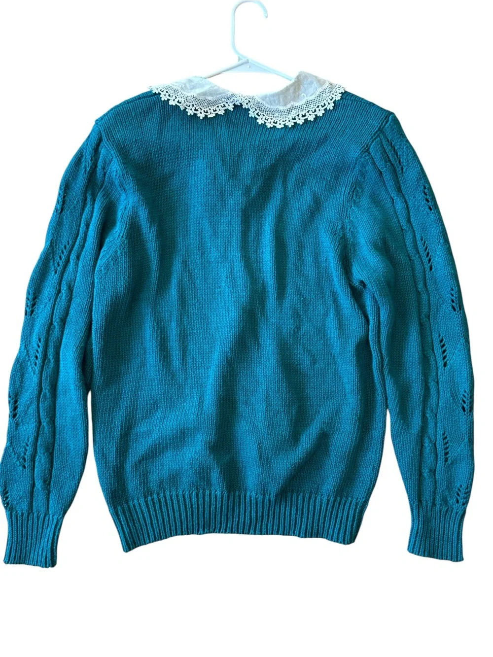 Vintage Cable Knit Cottagecore Cardigan Sweater Lace Collar Pointelle Size: S